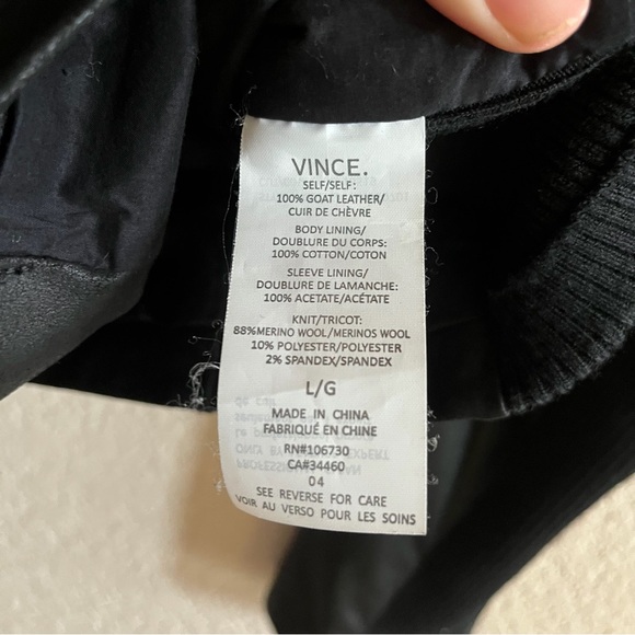 VINCE Size Large Goat Leather Moto Jacket Black wool knit panel Scuba neck NWOT - Picture 8 of 13